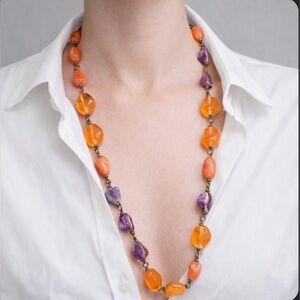Chico's artisan Vibrant Orange/ salmon and Purple color chunky Beaded Necklace